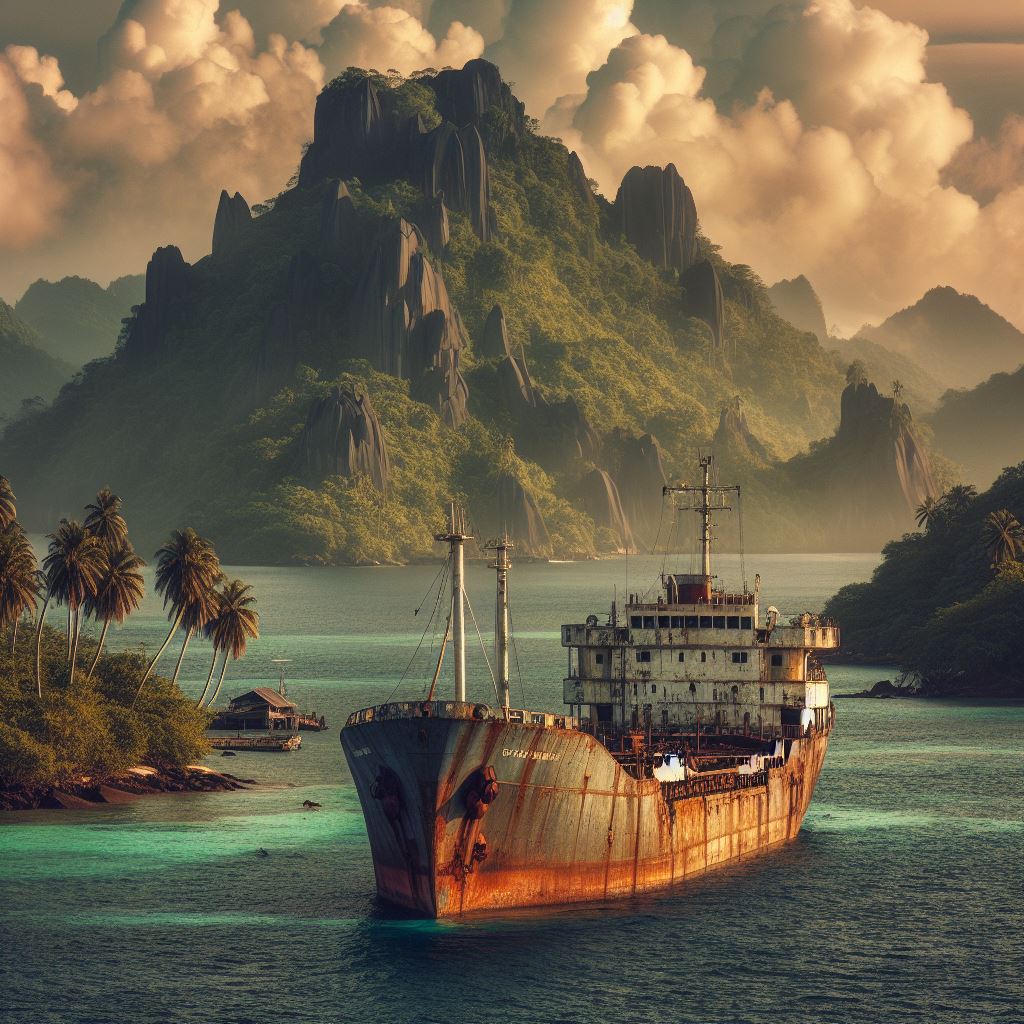 un cargo rouillé entre deux îles