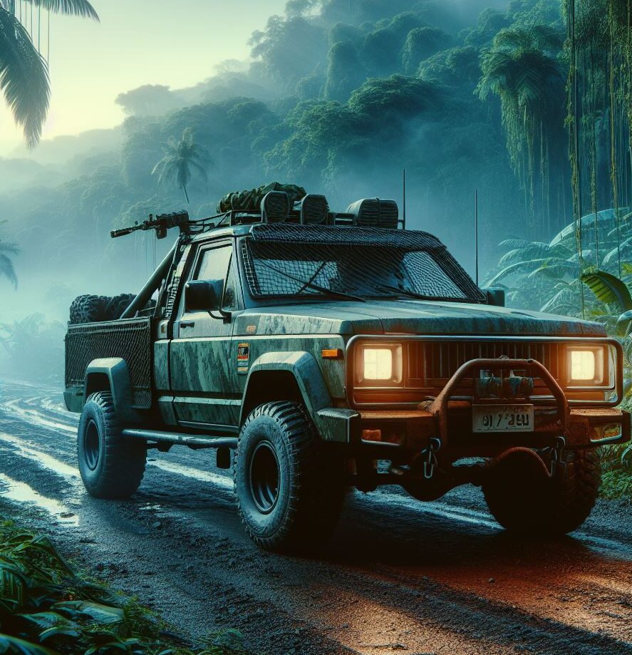 Un gros 4x4 sur une route tropicale sous la pluie